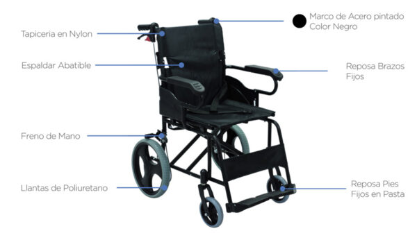 Silla de Ruedas de transporte con apoyabrazos y reposapiés fijos-MO8005-DESC-1 Silla de Ruedas de transporte con apoyabrazos y reposapiés fijos