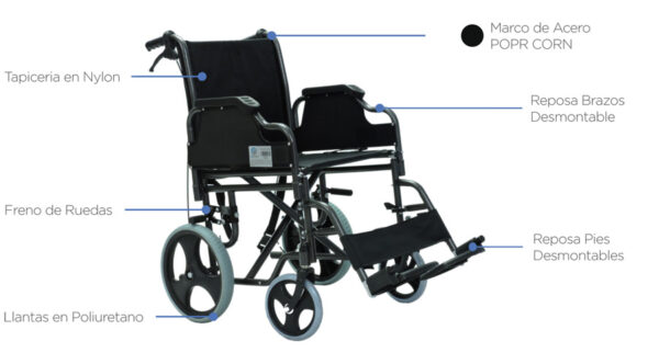 Silla de Ruedas de transporte reposa brazos y pies desmontables-MO6012-des1 Silla de Ruedas de transporte Reposa brazos y pies desmontables